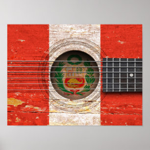 Pôster Bandeira peruana na guitarra acústica velha