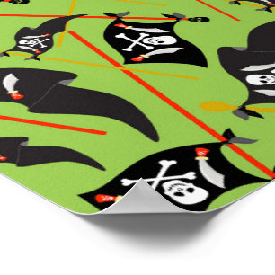 Poster Bandeira Pirata Verde Preto Caveiras Ossos Brancos
