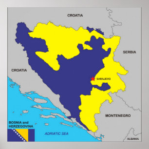 Pôster Bandeira política do mapa do país de Bósnia - d
