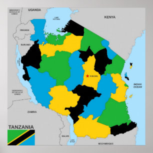 Pôster Bandeira política do mapa do país de Tanzânia