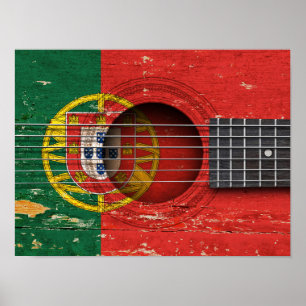 Pôster Bandeira portuguesa na guitarra acústica velha