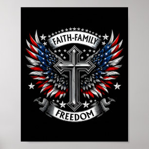 Poster Bandeira Vintage EUA Fé Família Liberdade Patrióti