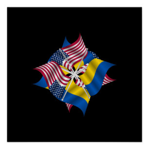 Pôster Bandeiras americanas e ucranianas