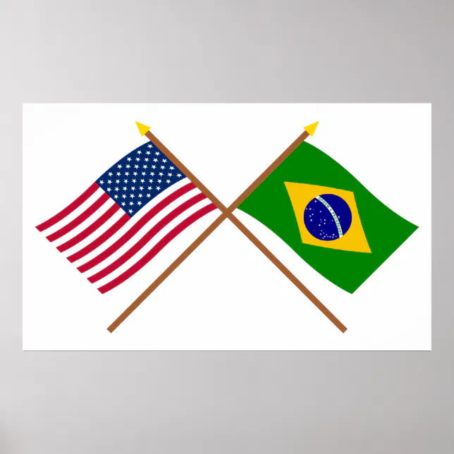 Pôster Bandeiras cruzadas dos EUA e do Brasil