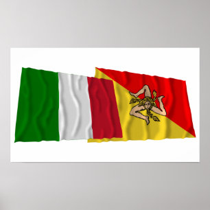Poster Bandeiras de ondulação de Italia e de Sicilia