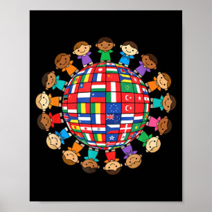 Poster Bandeiras do mundo globo crianças unidade internac
