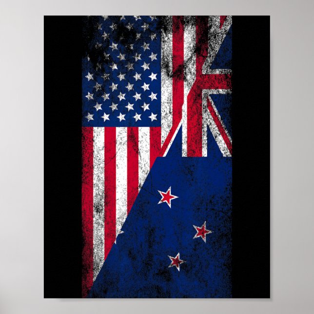 Poster Bandeiras dos EUA e da Nova Zelândia - EUA Kiwi,  (Frente)