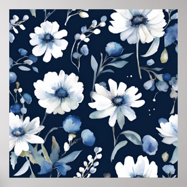 Poster Bando de Flores Elegante Aquarela Azul (Frente)