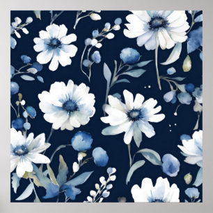 Poster Bando de Flores Elegante Aquarela Azul