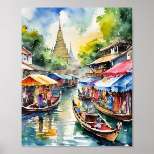 Poster Bangkok Floating Markets Thailand Watercolor