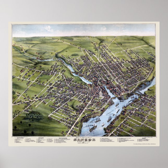 Poster Bangor, Mapa Panorâmico ME - 1875 (Frente)
