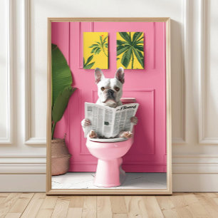 Poster Banheiro Bulldog Francês Branco Lendo no Vaso Sani