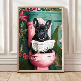 Poster Banheiro Bulldog Francês Preto Lendo no Vaso Sanit