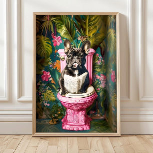 Poster Banheiro Bulldogue Francês Preto Lendo no Vaso San