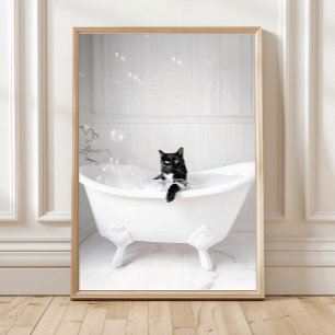 Poster Banheiro Gato Preto na Banheira Impressão, Parede 