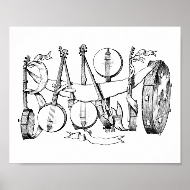 Poster banjo escrito com arte de ilustração de banjos (Frente)