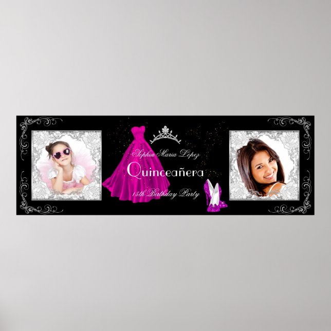 Poster Banner Adicionar Fotos Festa de Quinceanera Rosa P (Frente)