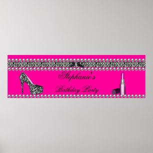 Pôster Banner Aniversário Batom Rosa Quente Zebra Leopard