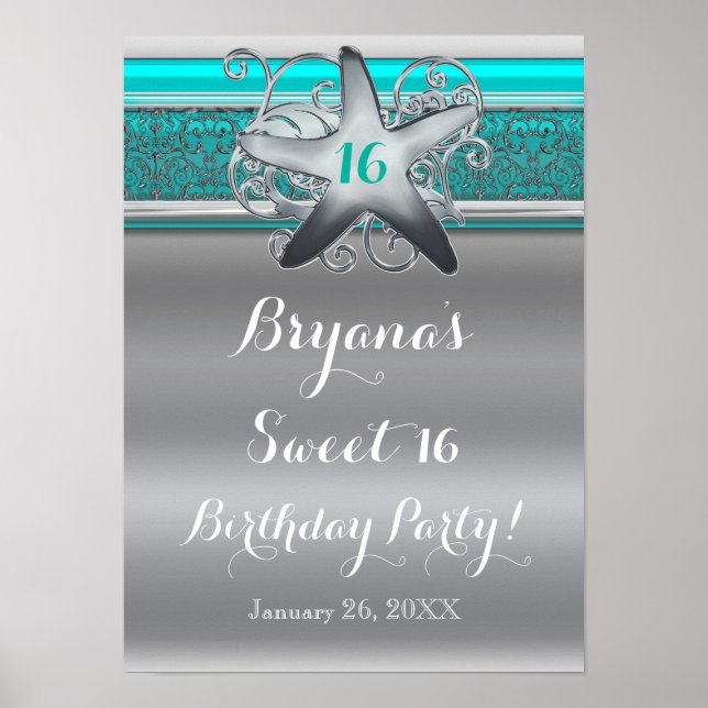 Pôster Banner Aqua & Silver Starfish Beach Sweet 16 (Frente)