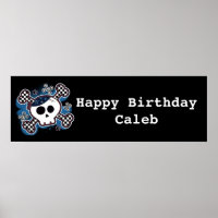 Banner de Aniversário Caveira e Ossos Xadrez Azul