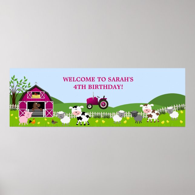 Pôster Banner de Aniversário de Animais da Fazenda (Frente)