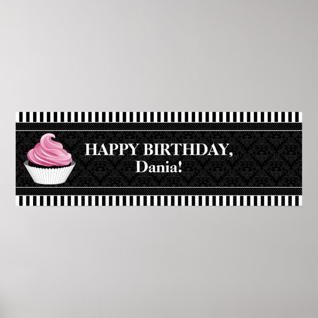 Poster Banner de aniversário de Cupcake e Damasco PERSONA (Frente)