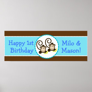 Poster Banner de Aniversário Personalizado dos Macacos-Bo