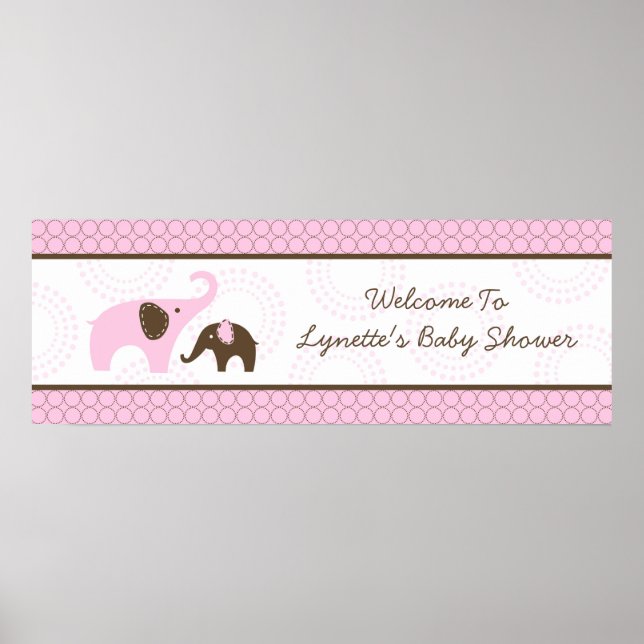 Pôster Banner de Chã de Bebê Elefante Costura Rosa (Frente)