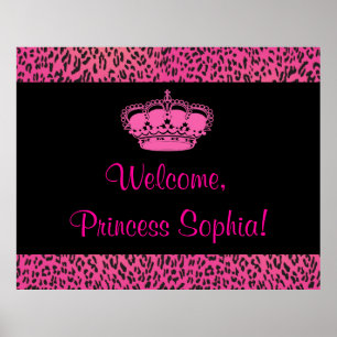 Pôster Banner de festa da princesa leopardo rosa quente