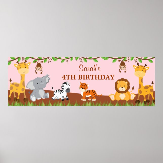 Pôster Banner de Festa de aniversário da Selva Safari (Frente)