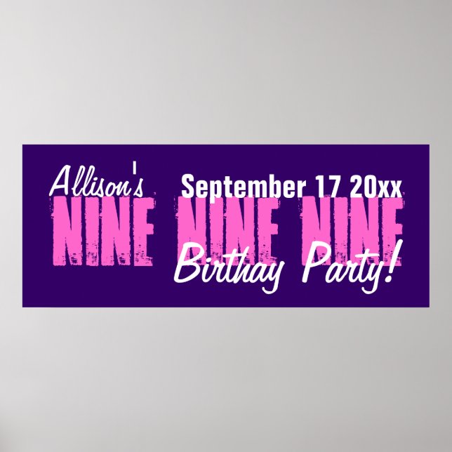 Pôster Banner de Festa de aniversário Personalizado com 9 (Frente)