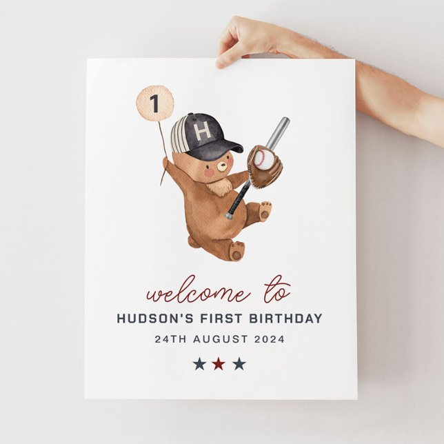 Poster Banner do Urso do Baseball primeiro aniversario -  (1st Birthday Baseball Bear Banner - Welcome Sign)
