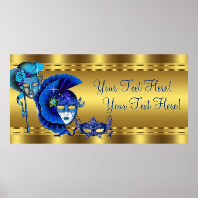 Pôster Banner Elegante de Mascarada Azul e Dourado (Frente)