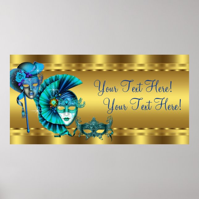 Pôster Banner Elegante de Mascarada Azul e Dourado (Frente)