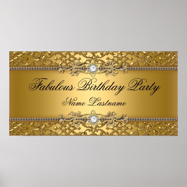 Pôster Banner Elegante Dourado Damask Emboscada de Aniver (Frente)