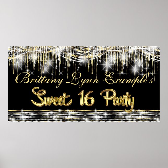 Pôster Banner preto e Dourado do Glam Sweet 16 Party (Frente)