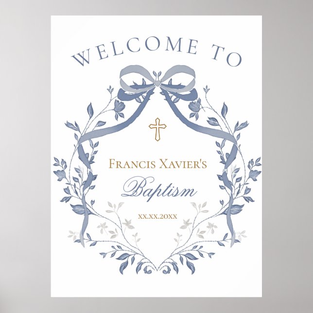 Poster Baptism elegant blue bow welcome sign (Frente)