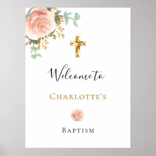 Poster Baptism eucalyptus cor-de-rosa menina floral bem v