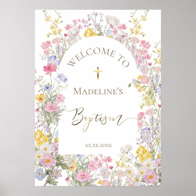 Poster Baptism watercolor meadow flowers welcome (Frente)