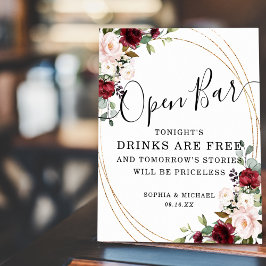Poster Bar Aberto com Moldura Dourada e Flora Burgundy Bl