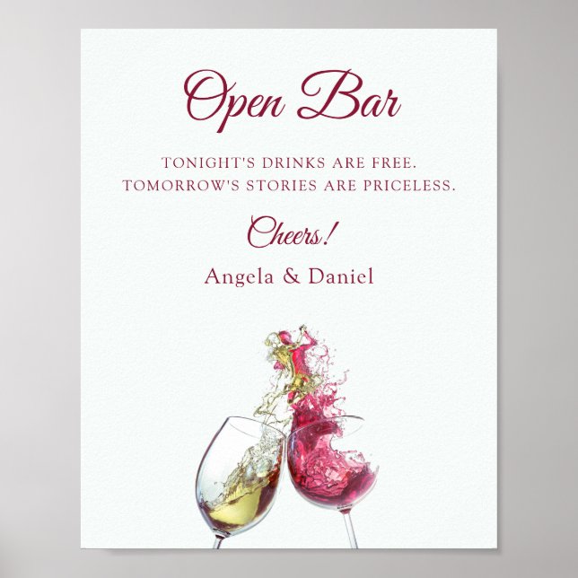 Poster Bar Aberto Vinho Tinto e Branco Elegante Casamento (Frente)