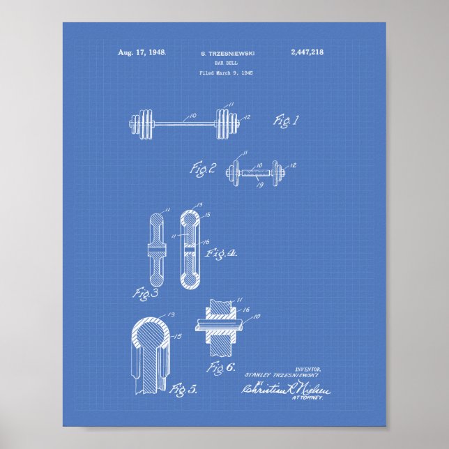 Pôster Bar Bell 1948 Patent Art Blueprint (Frente)