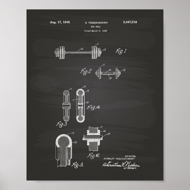 Pôster Bar Bell 1948 Patent Art Chalkboard (Frente)