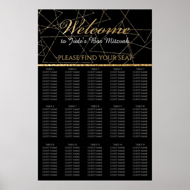 Poster BAR BM e Bat Mitzvah Douradas Stars Seating Chart (Frente)