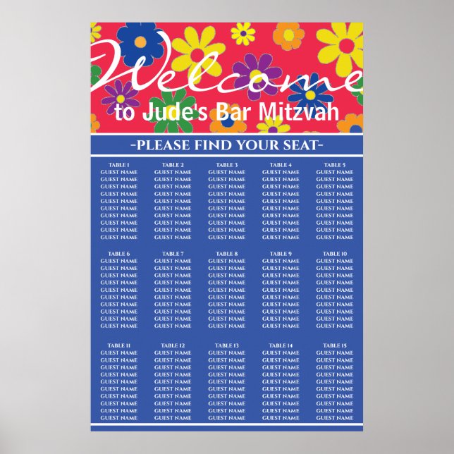 Poster BAR BM e Bat Mitzvah Fllowed Seating Chart (Frente)