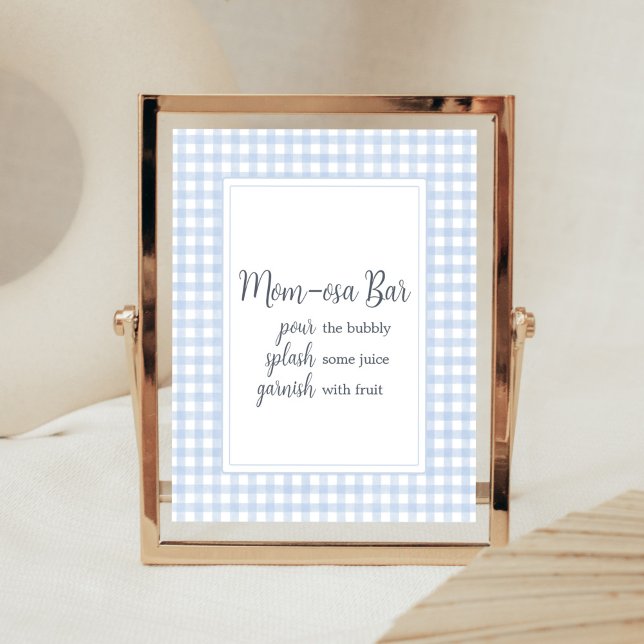 Poster Bar Clássico Azul Gingham Mãe Osa (Boy Gingham Baby Shower Mom Osa Bar Sign)