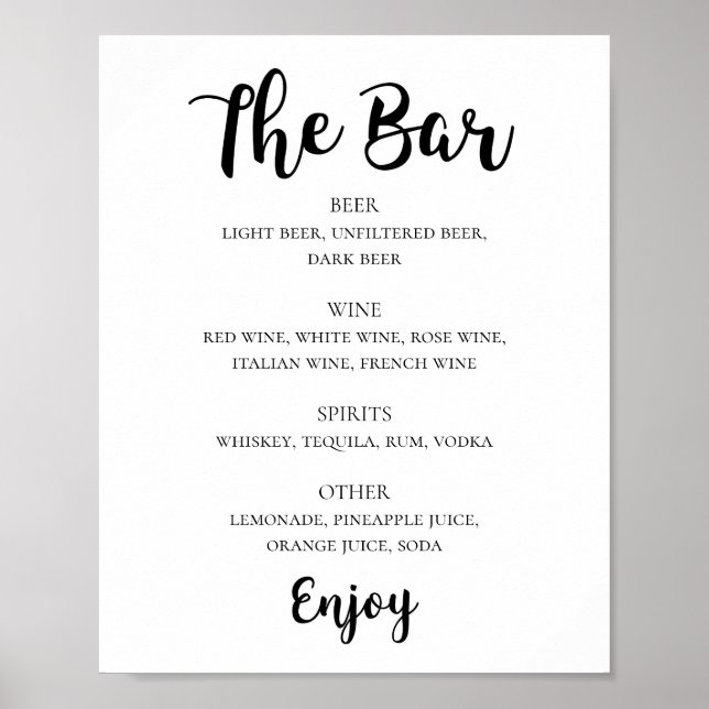 Poster Bar de bebidas alcoólicas com guião preto e branco (Frente)