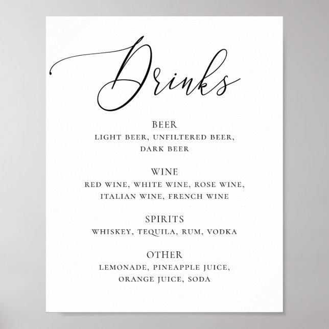 Poster Bar de bebidas de casamento com letra elegante em  (Frente)