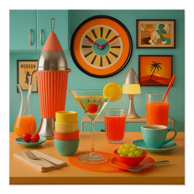 Pôster Bar de Breakfast Martini Retro Futurista Atômico (Frente)