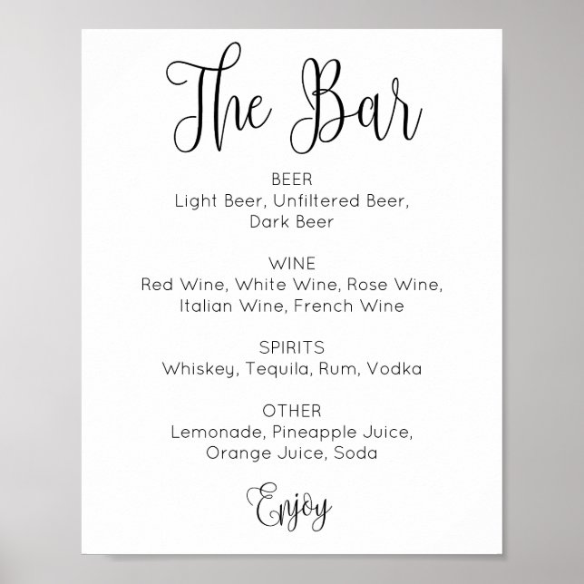 Poster Bar de casamento de guião preto e branco. Bebidas  (Frente)